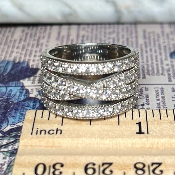 ď¸Beautiful Wide 4 row Crossover Diamond Ring Solid 925 Sterling Silver -See pics - Picture 3 of 17